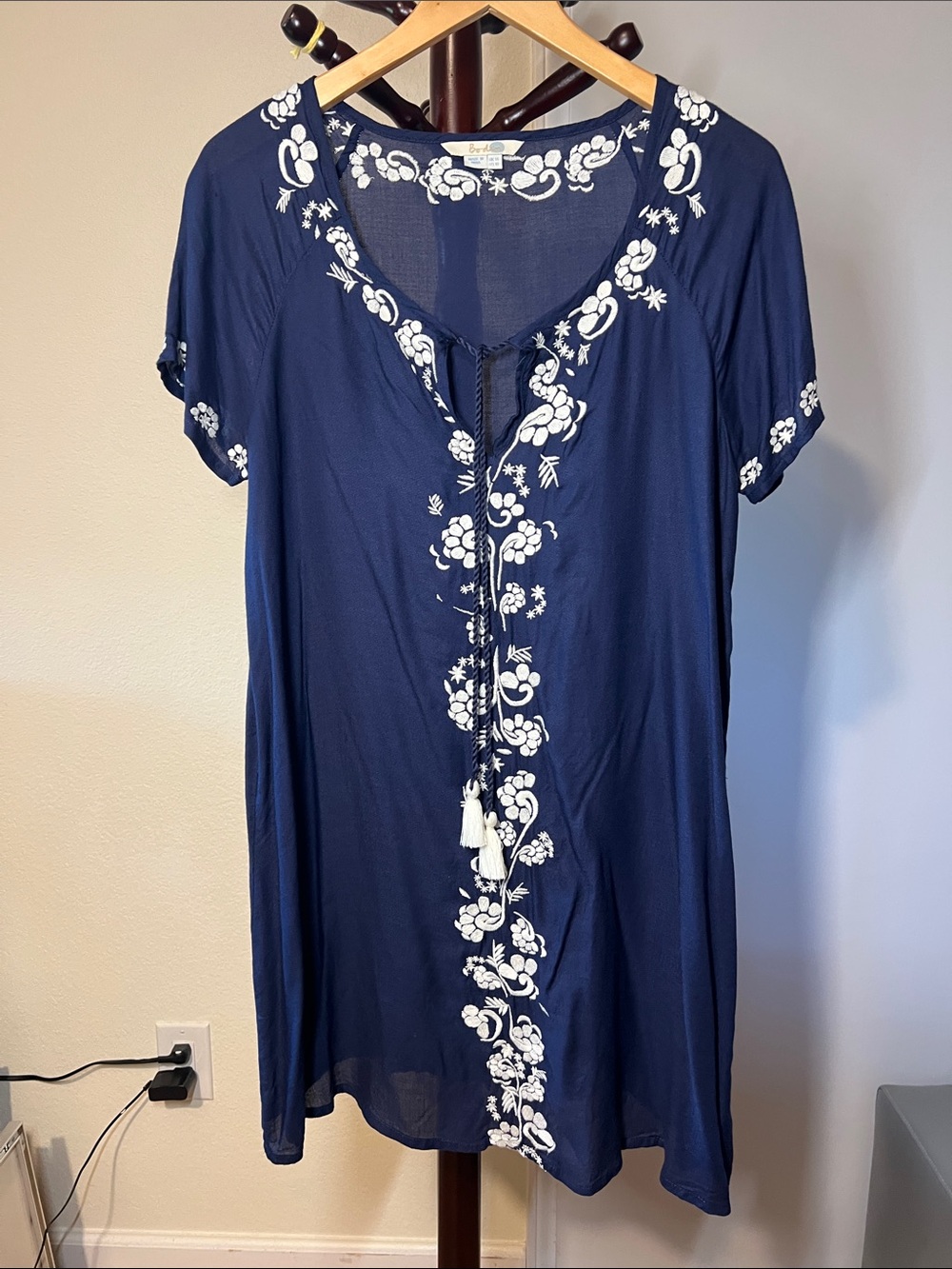 Boden Navy Blue Embroidered Tie-Front Swim Coverup
